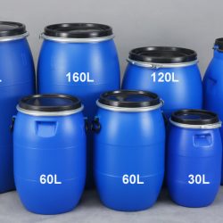 About Us 24 Blue Plastic Drums of Various Sizes
