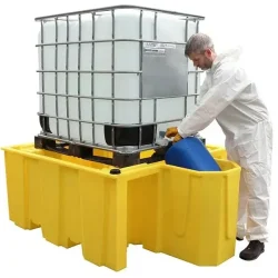 About Us 22 1000 Liter IBC tank on spill containment pallet